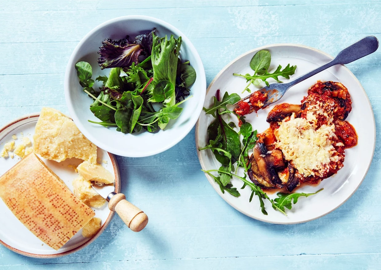 Parmigiano Reggiano Baked Aubergine and Mushroom Parmigiana Recipe | Food Network UK