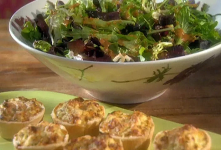 Baked Ricotta Bowls with Chicken and Parmesan and a Mixed Green Salad with Tomato-Basil Vinaigrette 