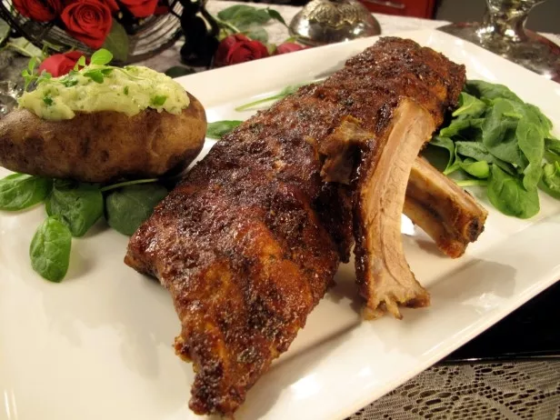 Balsamic Baby Back Ribs with Truffled Twice-Baked Potatoes Recipe | Food Network UK