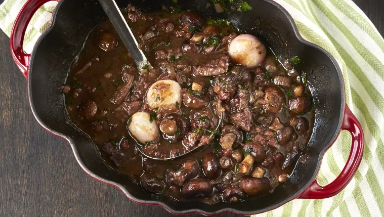 Beef Bourguignon with Purple Sprouting Broccoli Recipe | Food Network UK