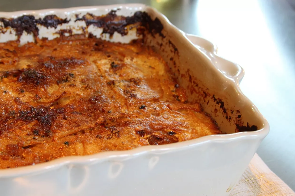 Celeriac Gratin with Cinnamon and Onion Confit Recipe | Food Network UK