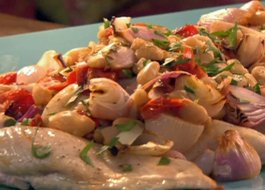 Chicken with roasted shallots, tomatoes and white beans Recipe | Food Network UK