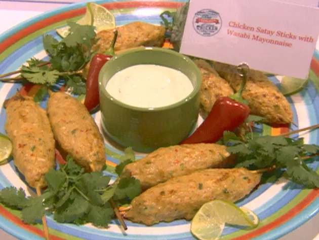 Chicken satay sticks with wasabi mayonnaise Recipe | Food Network UK