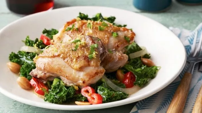 Chicken Thighs with Kale Recipe | Food Network UK