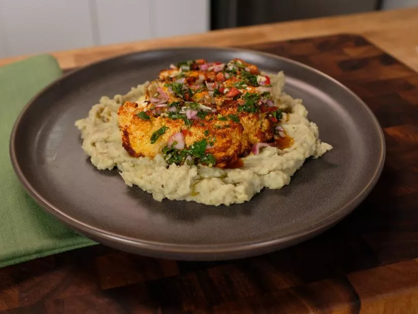 Chimichurri Cauliflower Steaks with Mashed Sweet Potatoes Recipe | Food Network UK