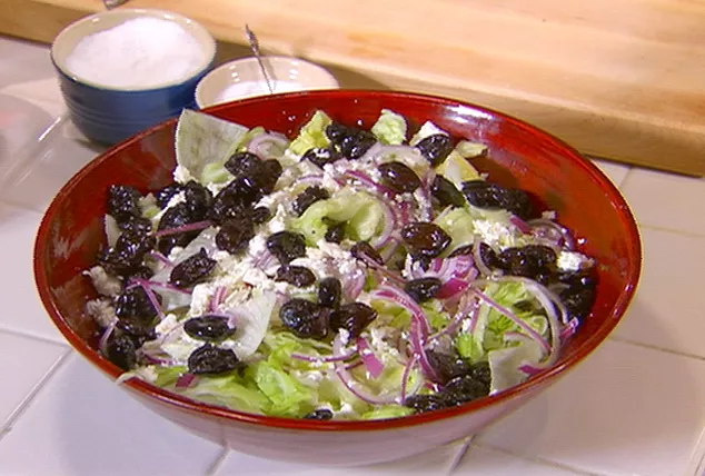 Dave Lieberman's feta, black olive, and oregano salad (aka Pizza parlour salad) Recipe | Food Networ