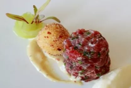 Free range beef tartar, quail egg and bacon fritter, Parmesan mousse Recipe | Food Network UK