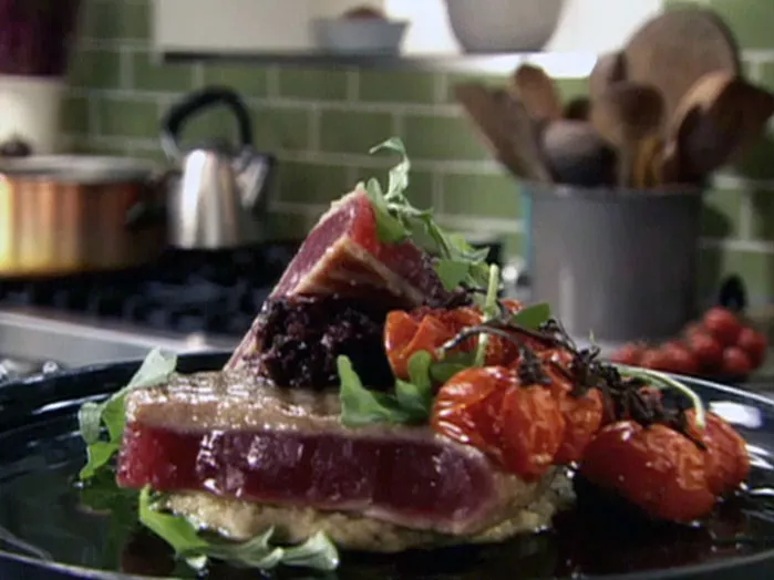 Grilled tuna with white bean puree, olive tapenade and roasted cherry tomatoes Recipe | Food Network