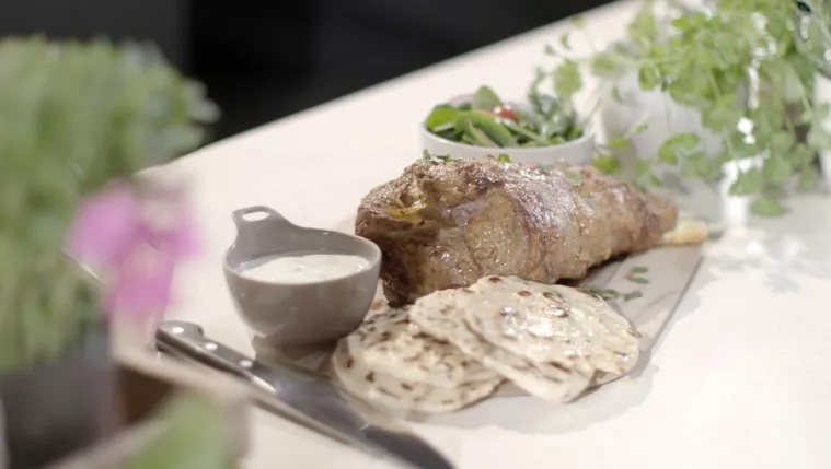 Indian Spiced Leg of Lamb with Flat Breads, Dips and Salad Recipe | Food Network UK