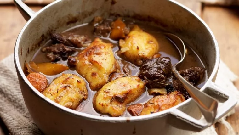Organic Braised Beef with Horseradish Dumplings Recipe | Food Network UK