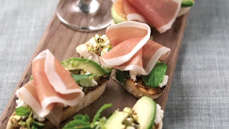 Parma Ham, Goat's Cheese, Avocado and Fresh Herb Bruschetta Recipe | Food Network UK