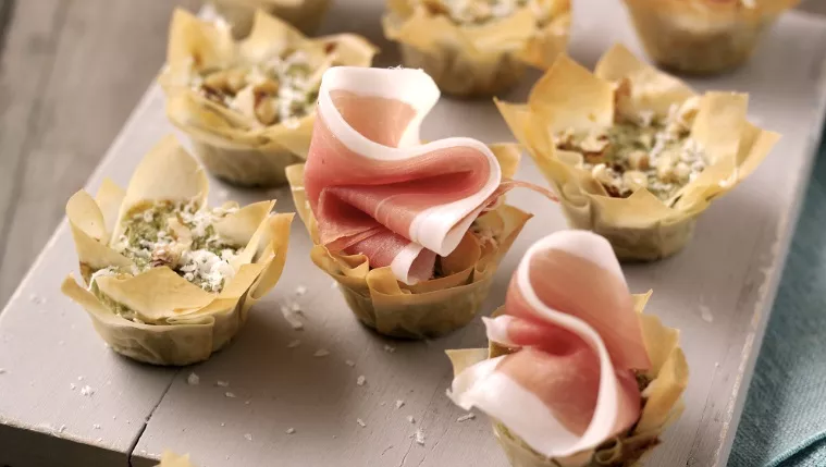 Basil, Ricotta, Walnut and Parma Ham Cocktail Quiches Recipe | Food Network UK