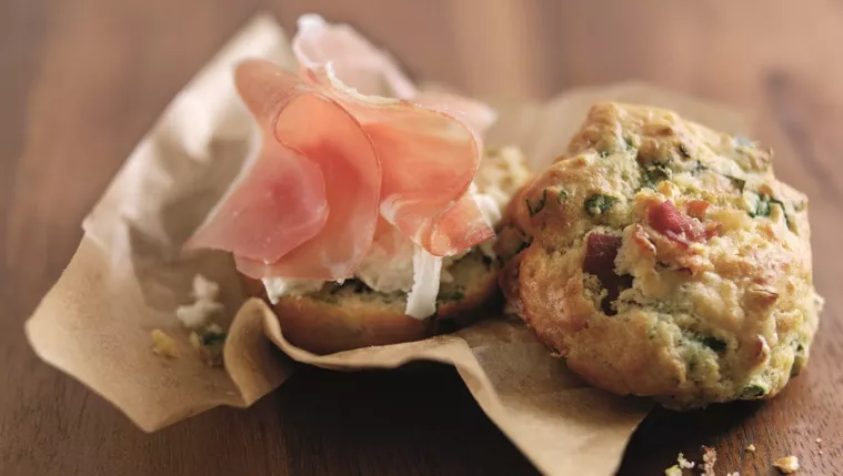 Parma Ham, Parmesan, Spinach and Basil Savoury Muffins with Creamy Goat's Cheese Recipe | Food Netwo