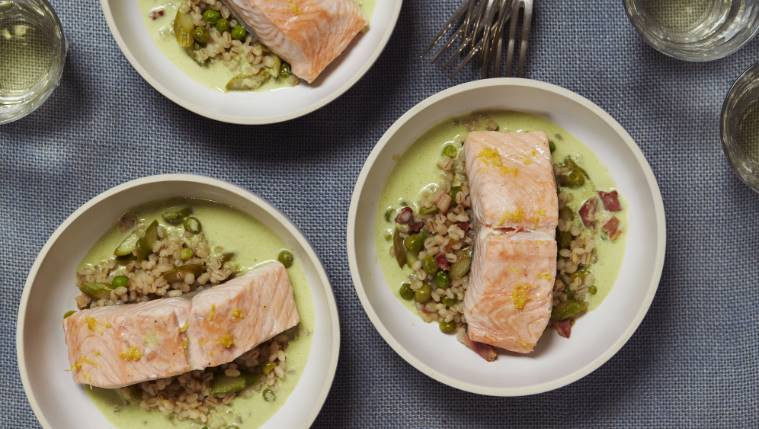 Steamed Organic Salmon with Asparagus, Peas and Pearl Barley Recipe | Food Network UK