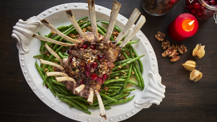 Stuffed Crown of Lamb with Winter Green Beans Recipe | Food Network UK