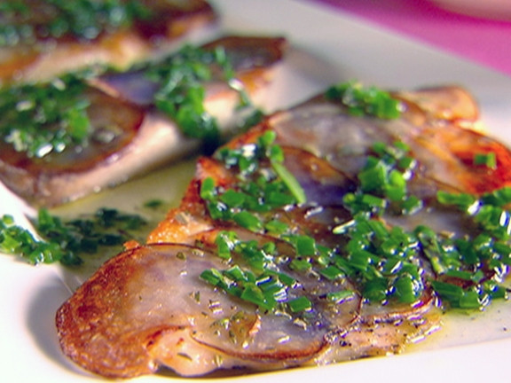Tilapia with purple potato crust and chive rosemary oil Recipe | Food Network UK