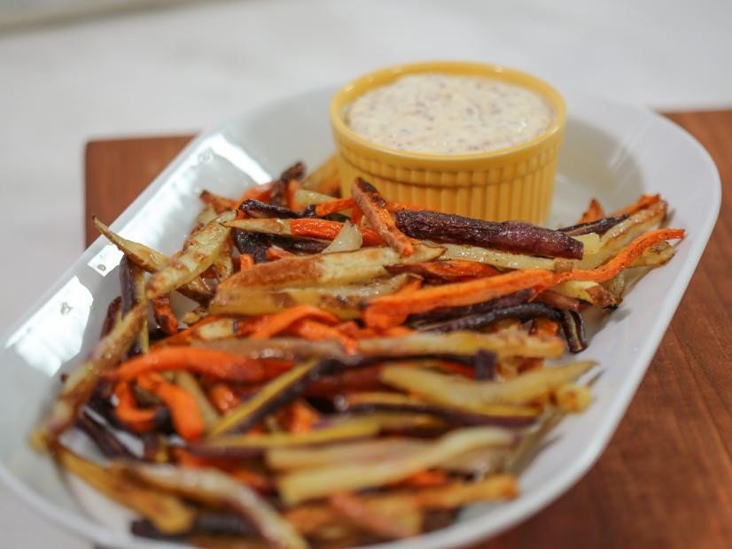 Rainbow Fries with Grainy Mustard Aioli Recipe | Food Network UK