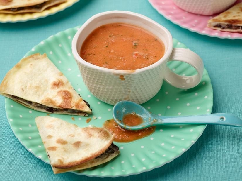Creamy Chilled Tomato Soup with Black Bean-Pepper Jack Quesadillas Recipe | Food Network UK