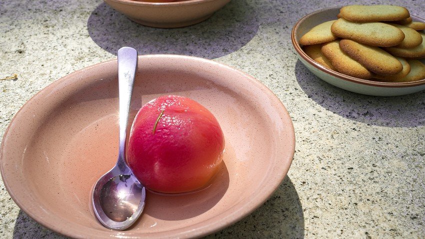 Michel Roux's Poached Peaches with Langue Du Chat Recipe | Food Network UK