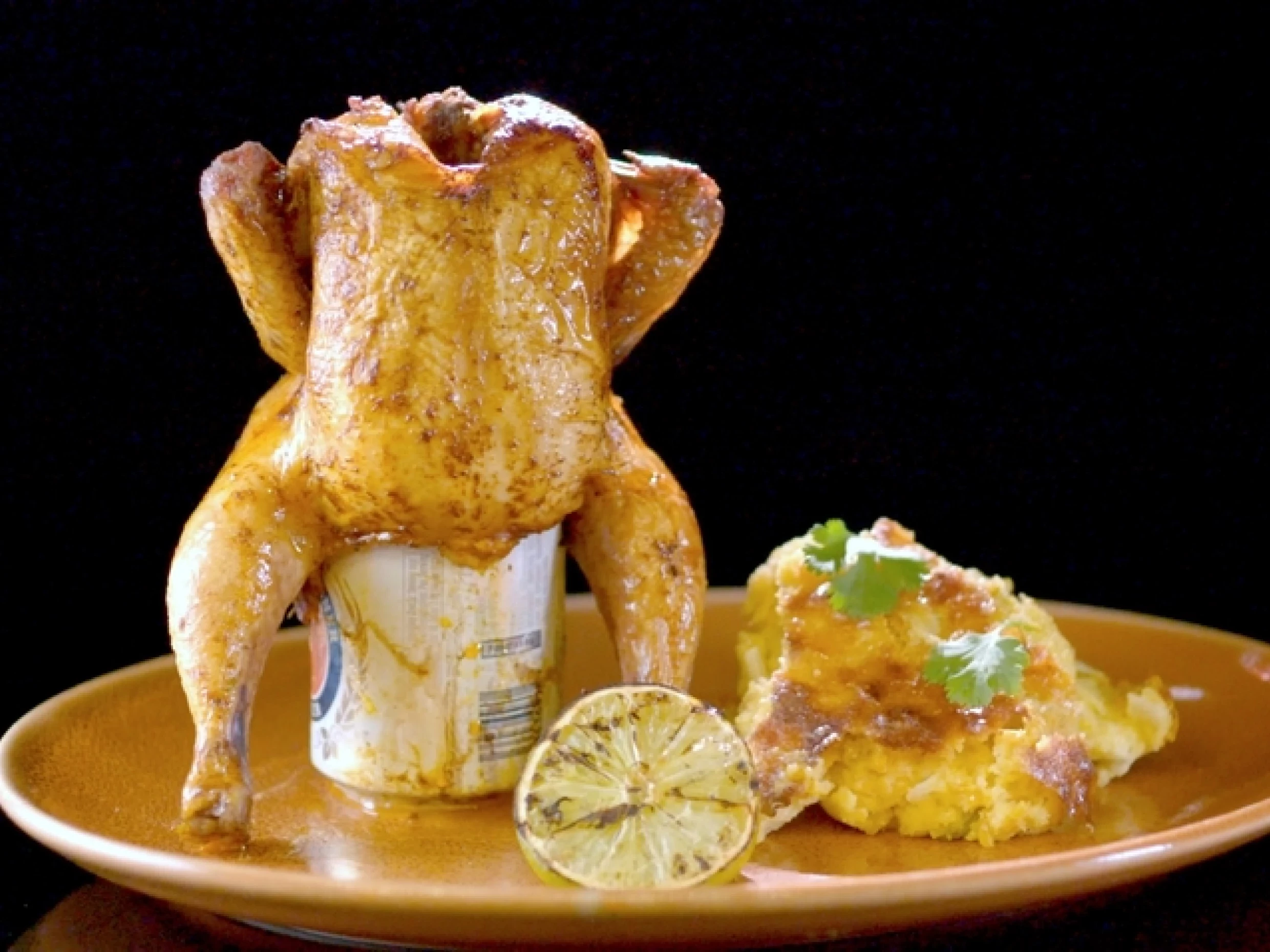 beer can chicken with fire-roasted garlic sauce