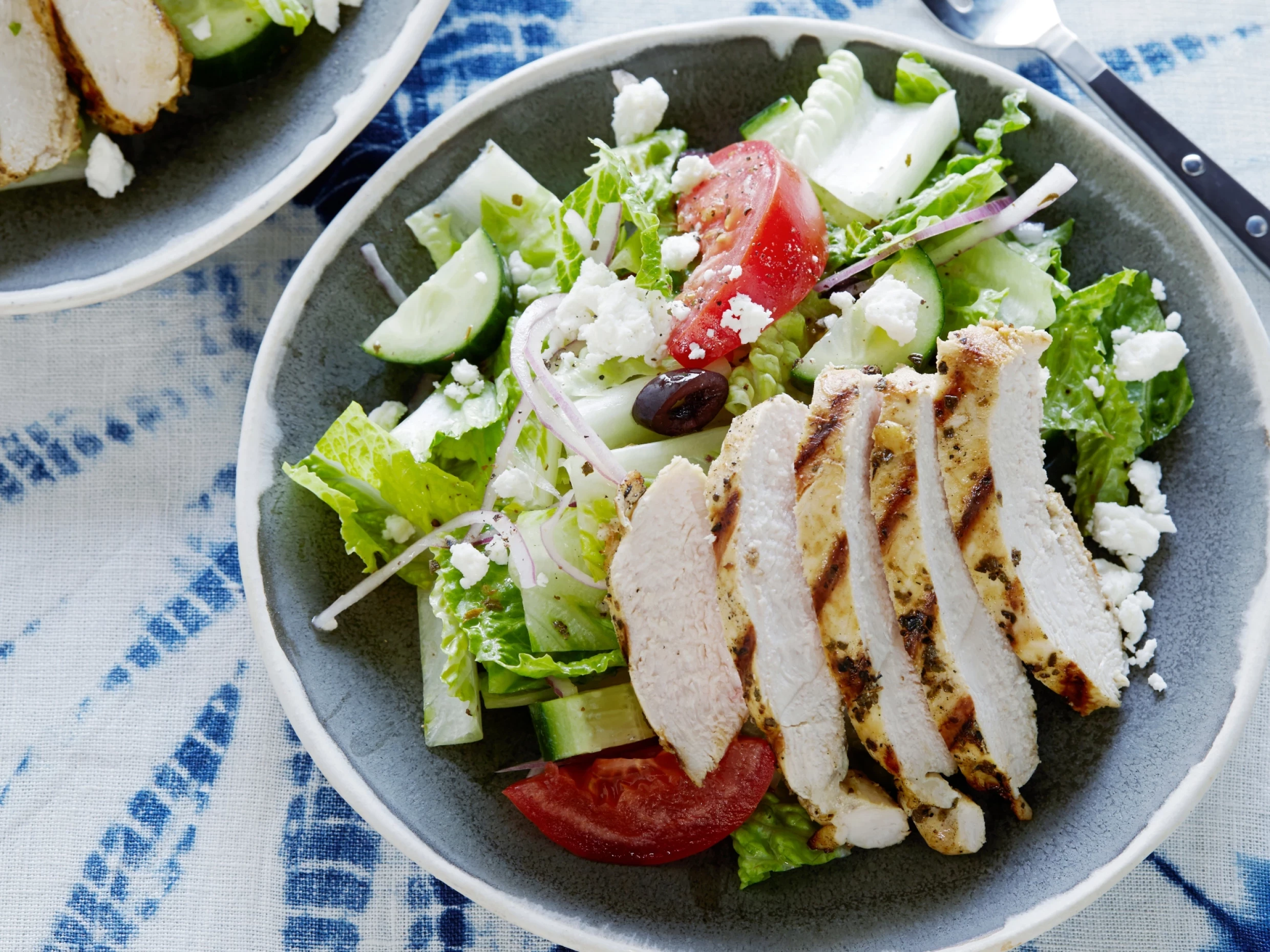 greek salad with oregano marinated chicken