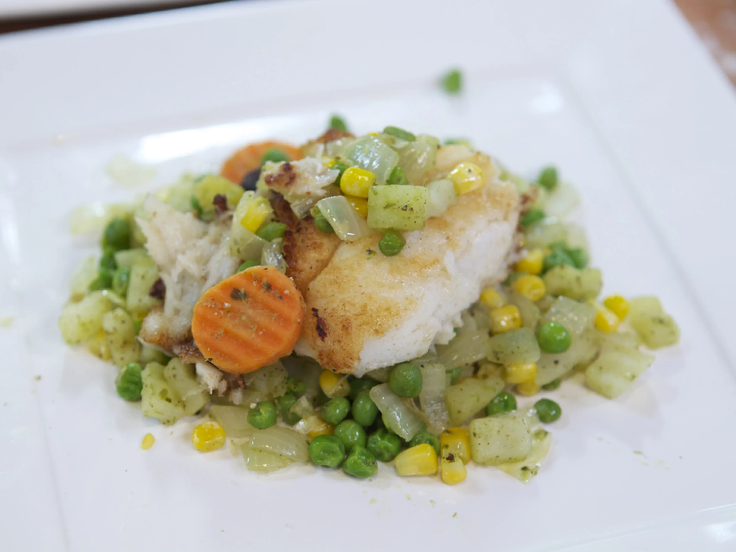 pan-fried cod with pea guacamole