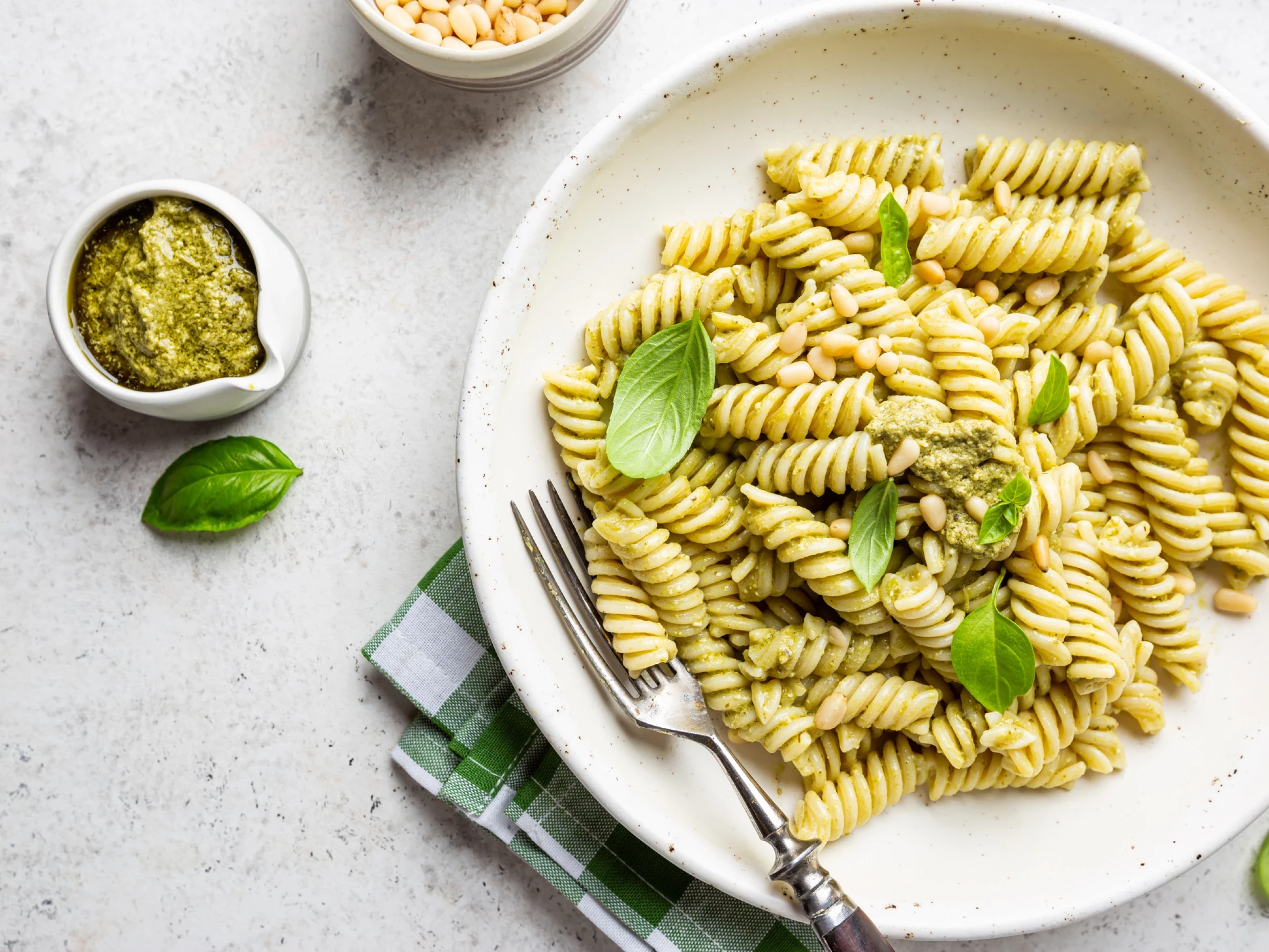 fussili pasta with spicy pesto on a plate