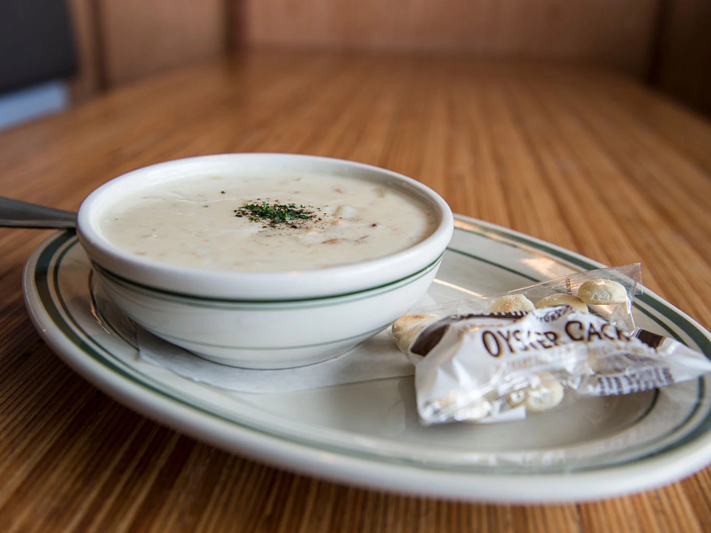 bowl of clam chowder served with biscuits