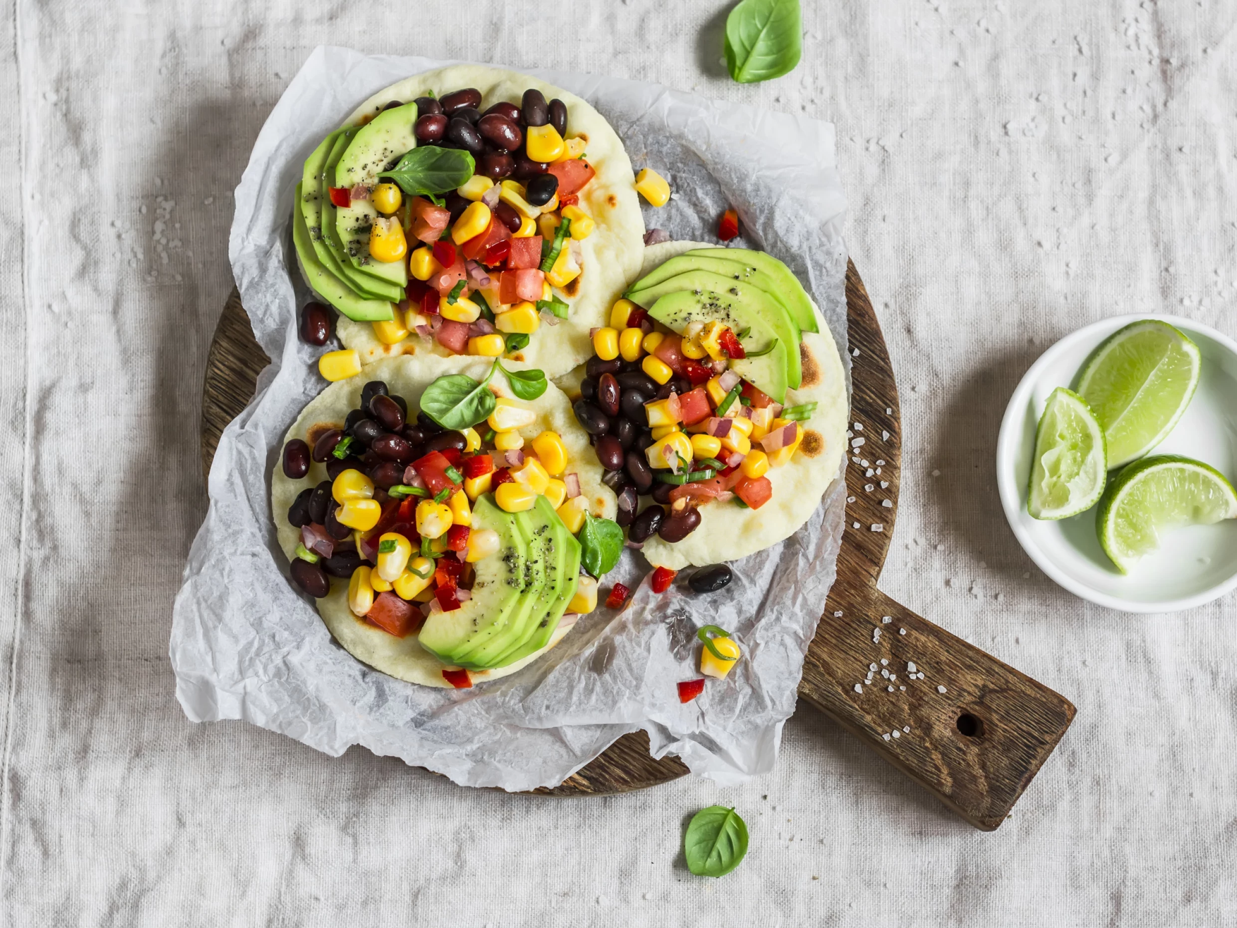 corn, salsa, and avocado tostadita