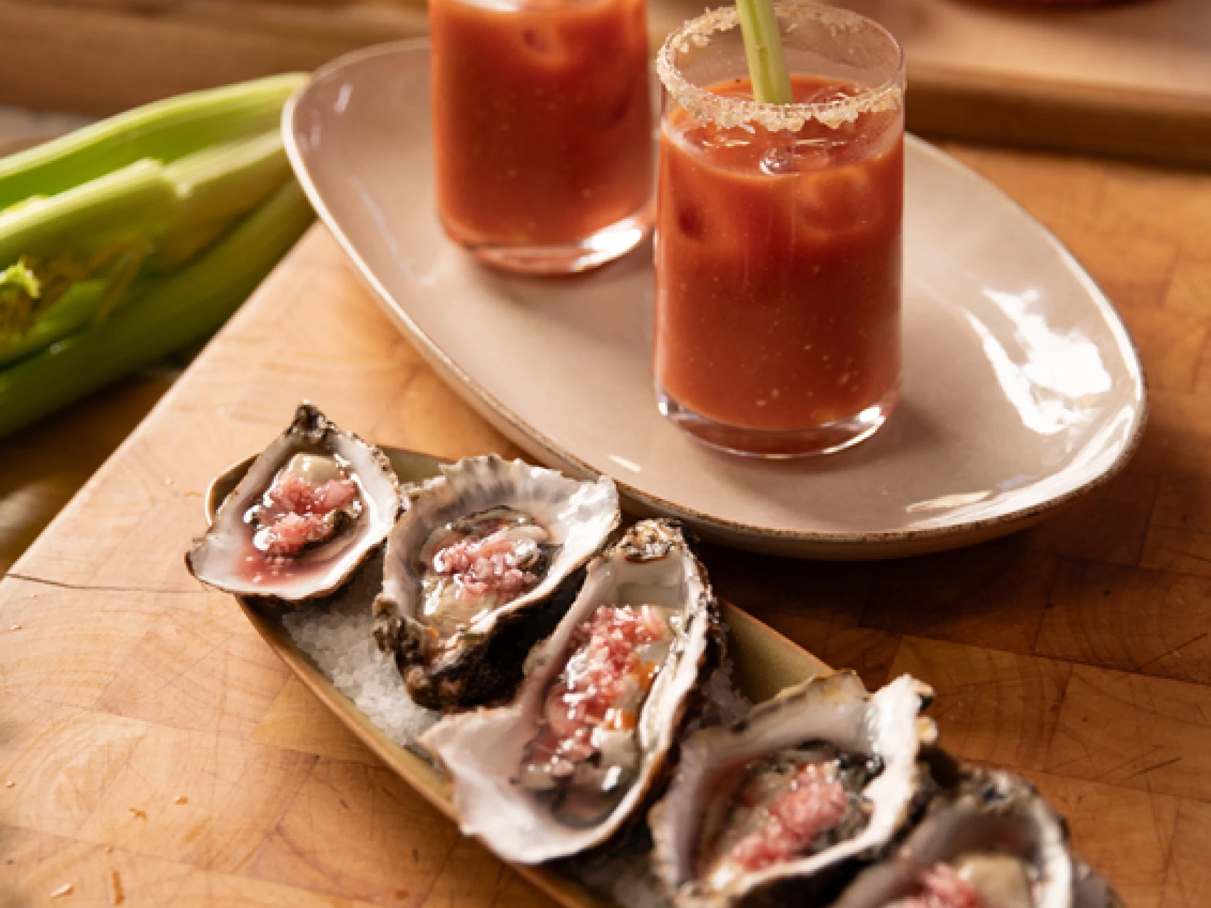 Marcus Wareing's Bloody Mary served with celery and a side of fresh oysters in their shell.