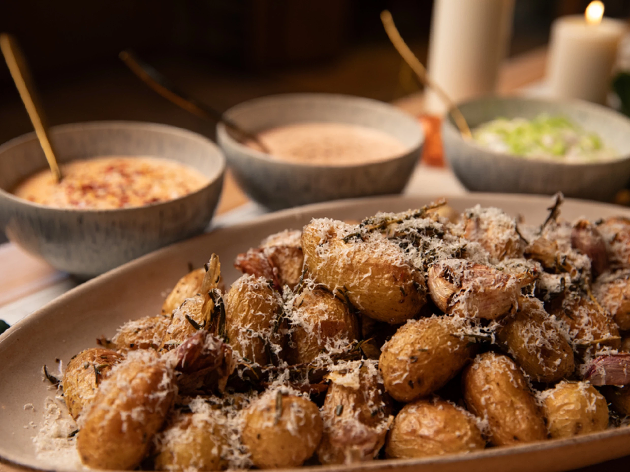 Marcus wareing's roast potatoes with three dips