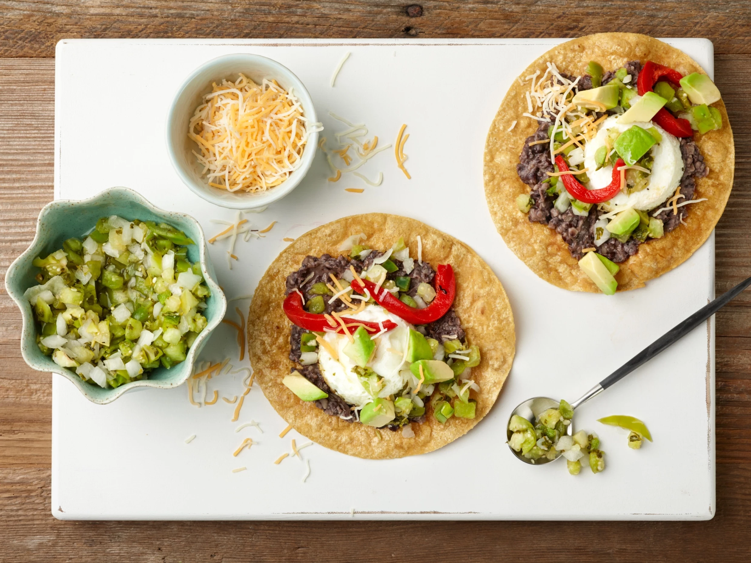 chicken, bean, and avocado tostadas