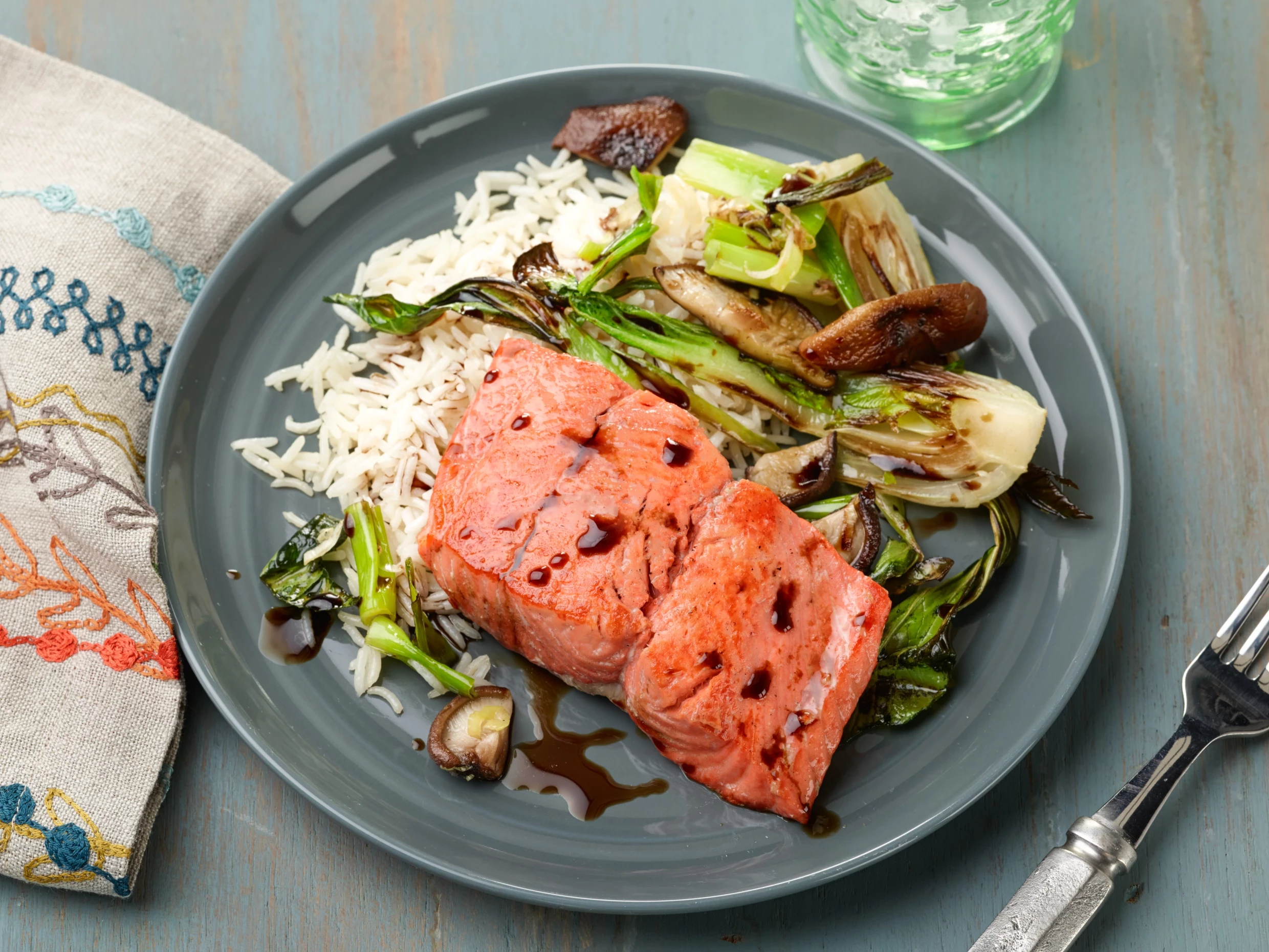 0-Minute Pan-Seared Salmon with Baby Bok Choy and Shiitake Mushrooms