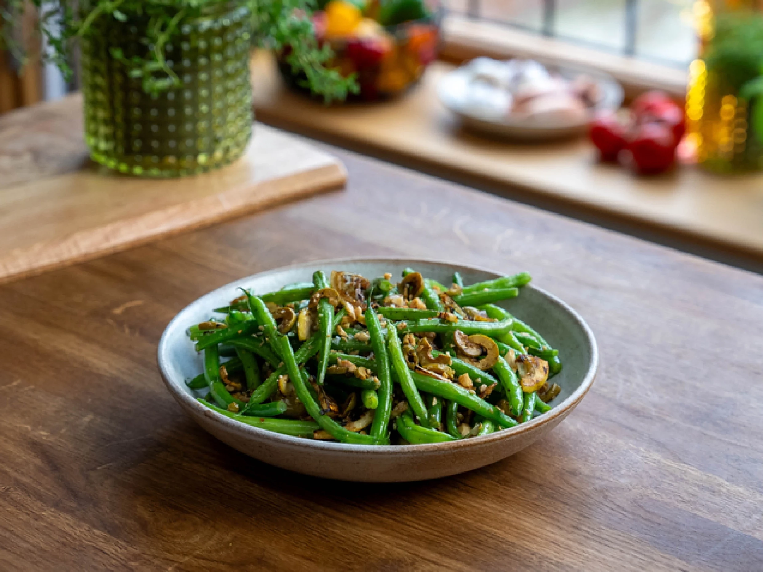 green beans with lemons almonds and olives.