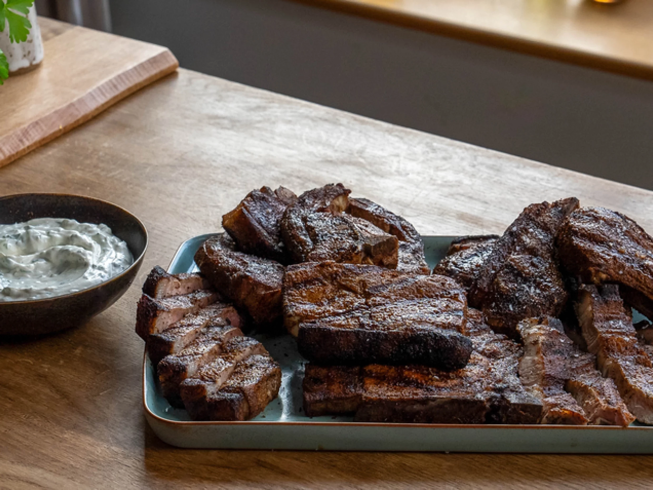 spiced chops with tahini dip