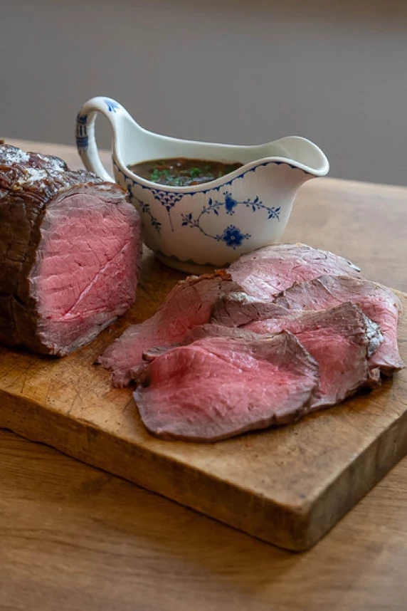 roast beef with mushroom and madeira gravy