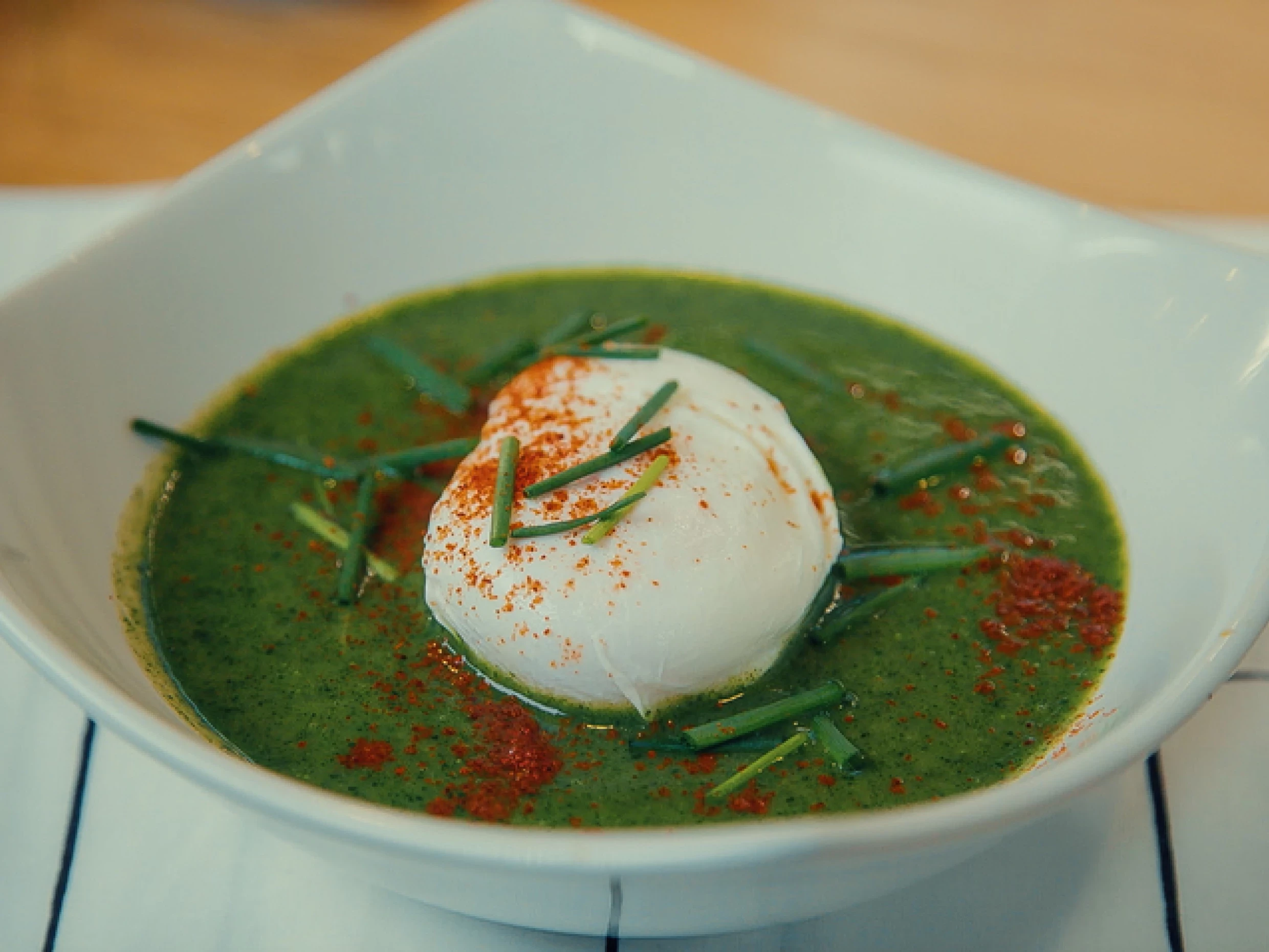 watercress soup with a poached egg