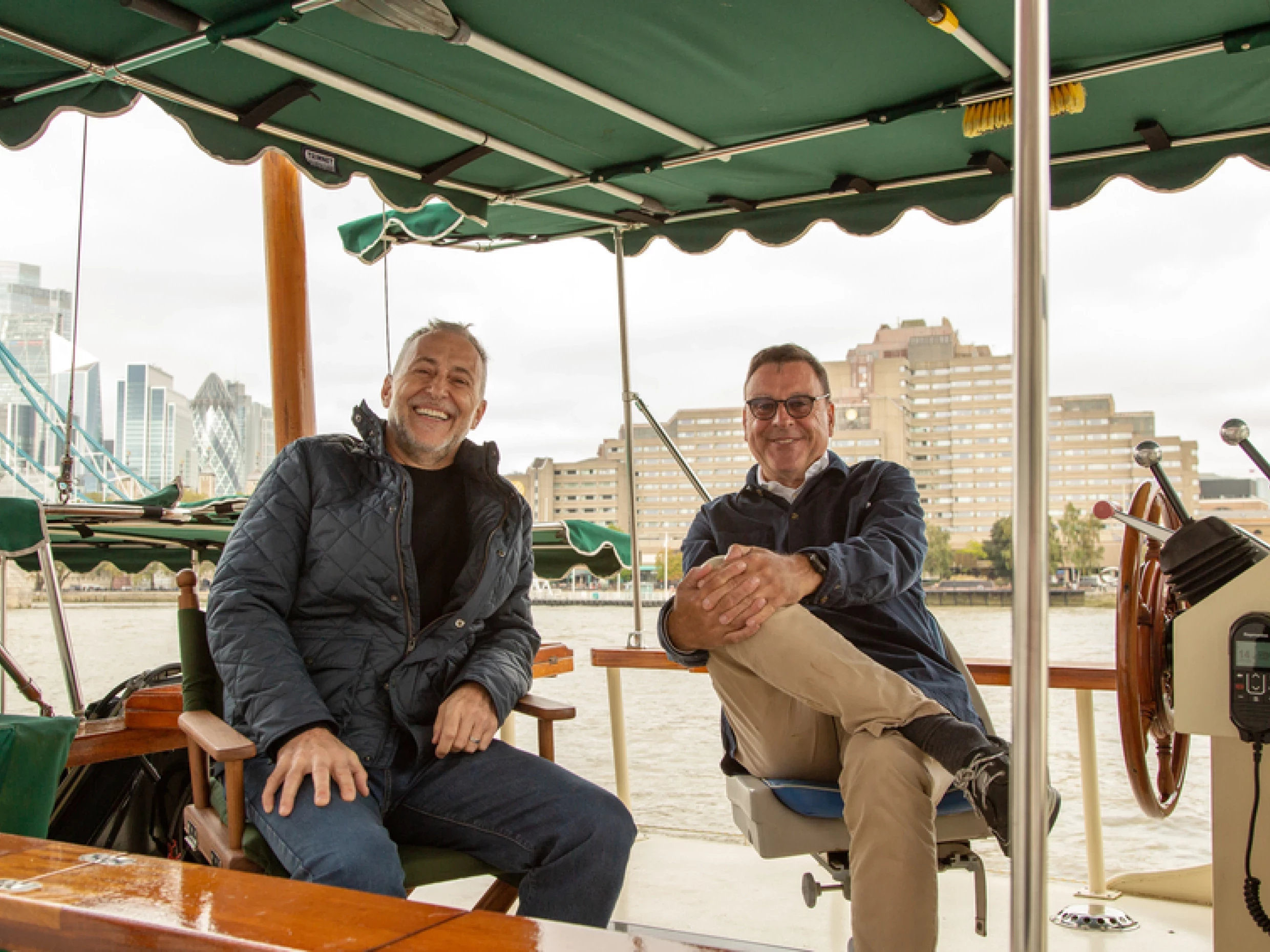 Michel Roux Jr with skipper Chris Levitt on The Thames in London