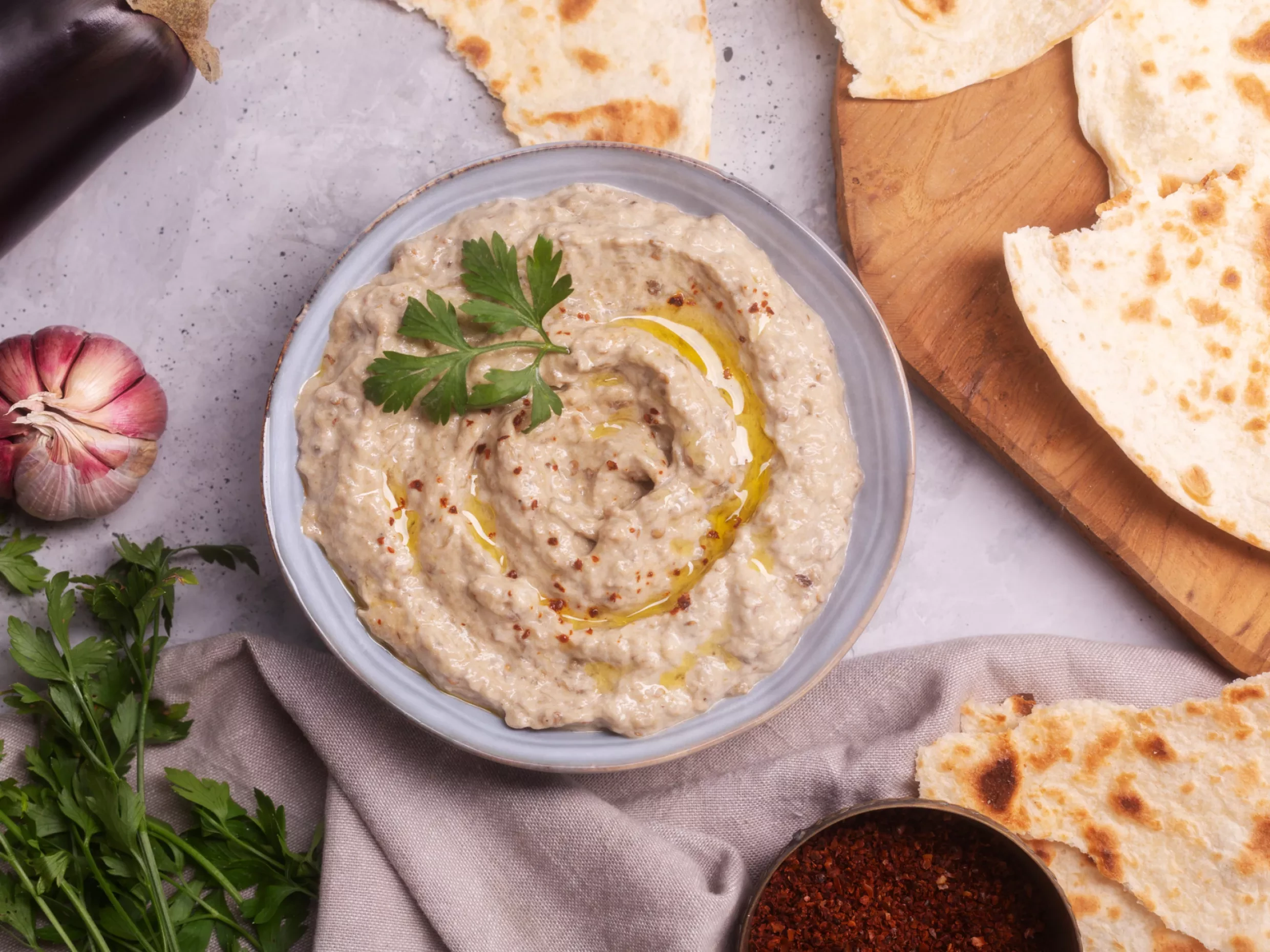 baba ghanoush with pita crisps