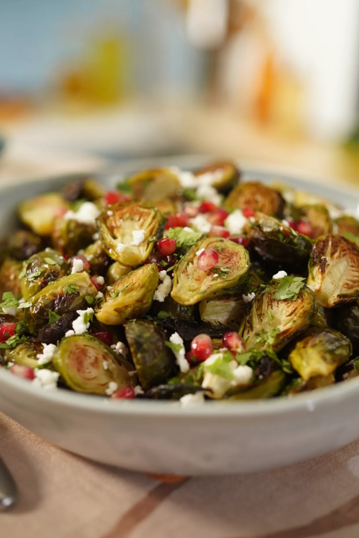 Roasted Brussels Sprouts with Pomegranate, Feta, and Coriander Recipe | Food Network UK