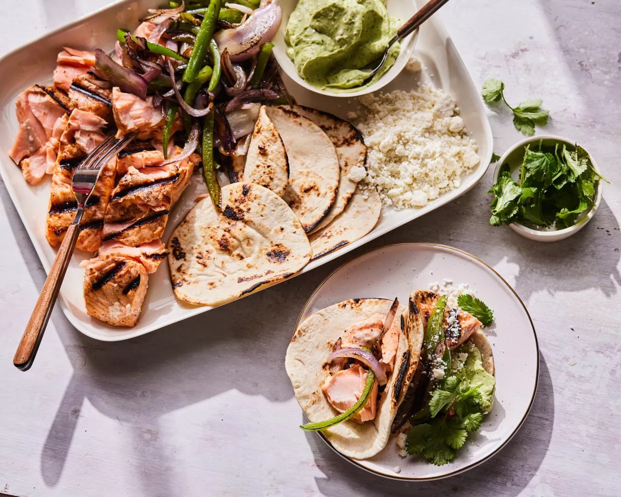 Grilled Salmon Tacos with Avocado Crema Recipe | Food Network UK